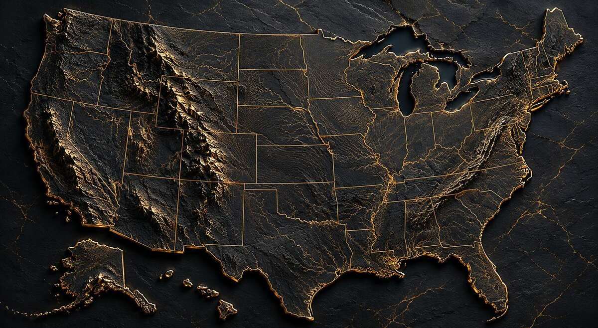 Relief map of the United States divided into five founding regions